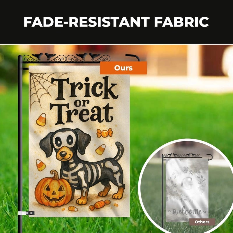 KarvePro Skeleton Dachshund Dog Halloween Garden Flag – Trick or Treat Pumpkin Yard Flag 12x18, Double Sided Burlap Outdoor Decoration - Image 4